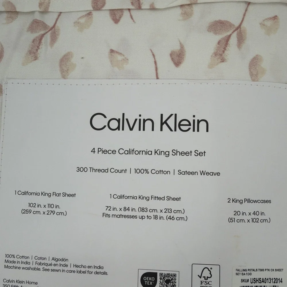 Calvin Klein Sheet Set California King Floral Cream Sateen Weave 300TC Cotton